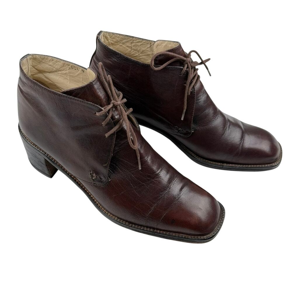 Vintage Brown Leather Ankle Boots Lace Up Square Toe Chunky Heel 7.5 Heritage
